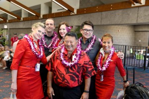 Virgin America commenced service from San Francisco to Kahului, Maui. The inaugural flight included a "Spray of Aloha" and water blessing as the aircraft landed on Maui; a fresh flower lei greeting; and Made in Maui amenity bag; hula dancing and Hawaiian music. Photo credit: Maui Visitors and Convention Bureau Virgin America.