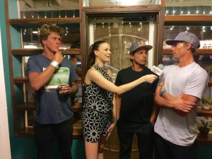 Malika Dudley interviews three of the worlds top big wave surfers (also Maui locals): Ian Walsh, Kai Lenny and Albee Layer (right to left). Photo credit: Jack Dugan, Kalani Prince.