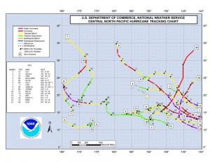 Preliminary 2015 Hurricane Season track map of Tropical Cyclone activity in the Central Pacific. 15 Tropical Cyclones smashed the previous seasonal record of 11 set in both 1992 and 1994.