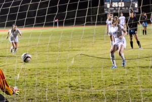 Baldwin's Skylar Littlefield added the Bears' final goal on this penalty kick in the 27th minute Friday to beat King Kekaulike, 3-2. Photo by Rodney S. Yap.