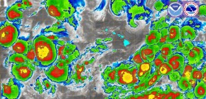 Satellite mapping overlay of all cyclones around the Hawaiian Islands. Image credit: US National Weather Service Honolulu & Central Pacific Hurricane Center. Click on image to view in greater detail.
