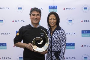 Hawai'i Food & Wine Festival co-chair Chef Roy Yamaguchi and executive director Denise Yamaguchi accept the Charitable award at FestForward's "Best of the Fests" ceremony in Santa Barbara, California.  Courtesy photo.