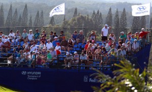Fans gather on the first tee to watch the final round of the Hyundai Tournament of Champions golf tournament at Kapalua Resort on Sunday. Photo by Brian Spurlock of USA TODAY Sports.