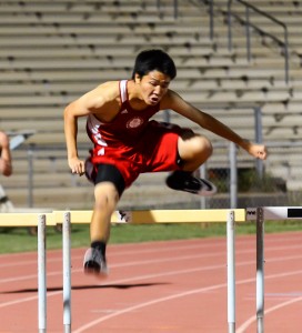 Lahainaluna hurdler competes in the 300 intermediates Friday. Phioto by Rodney S. Yap.