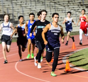Kamehameha Maui's Ikaika Renauld set the pace early en route to victory in the boys 800-meter run. Renauld was timed in 2:09.10. Photo by Rodney S. Yap.