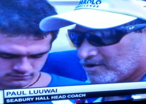 Seabury Hall head coach Paul Luuwai talks to the media following the Spartans' win in the Mixed Division Saturday at Ke'ehi Lagoon. Photo from xcast.OC16TV.