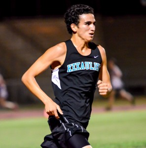 King Kekaulike's Dalton Aganos in the new state leader in the boys 3000 meter run. Aganos won both the 1500 and 3000 Friday at MIL Meet #3. Photo by Rodney S. Yap.