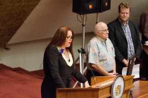 Amy Hanaialiʻi (left/foreground) at the State Capitol with House Speaker Joe Souki (middle) and State Rep. Angus McKelvey (right). Courtesy photo. (3.18.16)