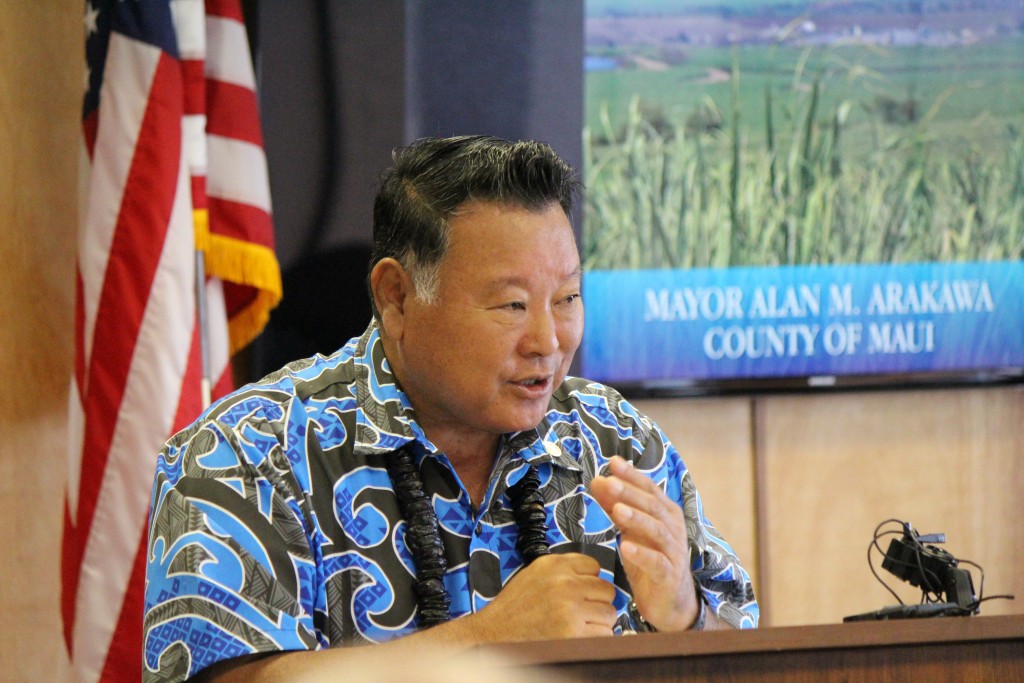 Maui Mayor Alan Arakawa presents his version of the 2017 Fiscal Year budget to the Maui County Council. Photo (3.24.16) by Wendy Osher.