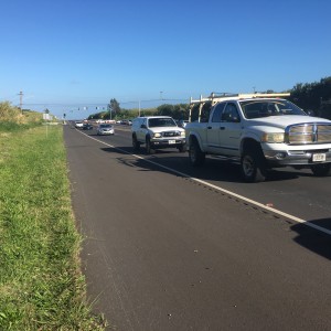 Haleakalā Highway looking makai. Police are seen diverting traffic onto Makani Road in the distance. Traffic accident/Road closure, 3.30.16. Photo by Debra Lordan.