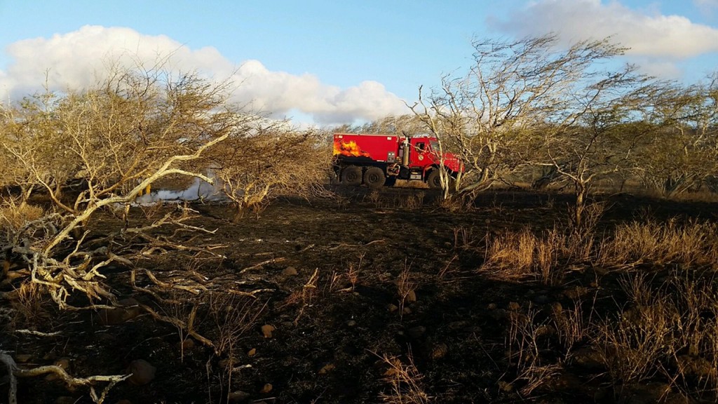 Molokaʻi brush fire at Kaluakoi. March 26, 2016. Photo credit: Maui Department of Fire and Public Safety.