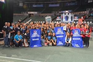 Winners of the 2016 Hawaii FIRST Robotics Competition: Kapolei High School (left), Alliance Captain Baldwin High School (middle) and Iolani School (right).