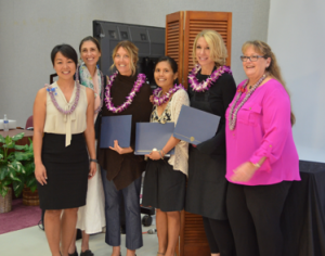 (Left to right) Ann Sakamoto, Central Pacific Bank; Elyse Ditzel, Wholefoods; Dawn Anderson; B Raw Bar; Michelle Valentin, Waii Foods; Mitzi Toro, Maui Cookie Lady; and Teena Rasmussen, County of Maui economic development director.