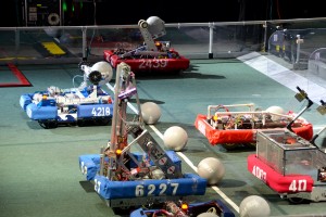 Robots square up on the competition field in preparation for a match. Baldwin High’s robot, #2439, is on the far side.