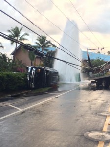 Downed utility poles on L. Honoapiʻilani Rd., 4.3.16. Photo credit: Debbie Patton.