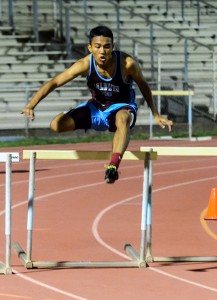 Baldwin's Rey Cadiz is the MIL's top up-and-coming hurdler. On Friday Cadiz won both the 110 high hurdles and the 300 intermediate hurdles. File photo by Rodney S. Yap.