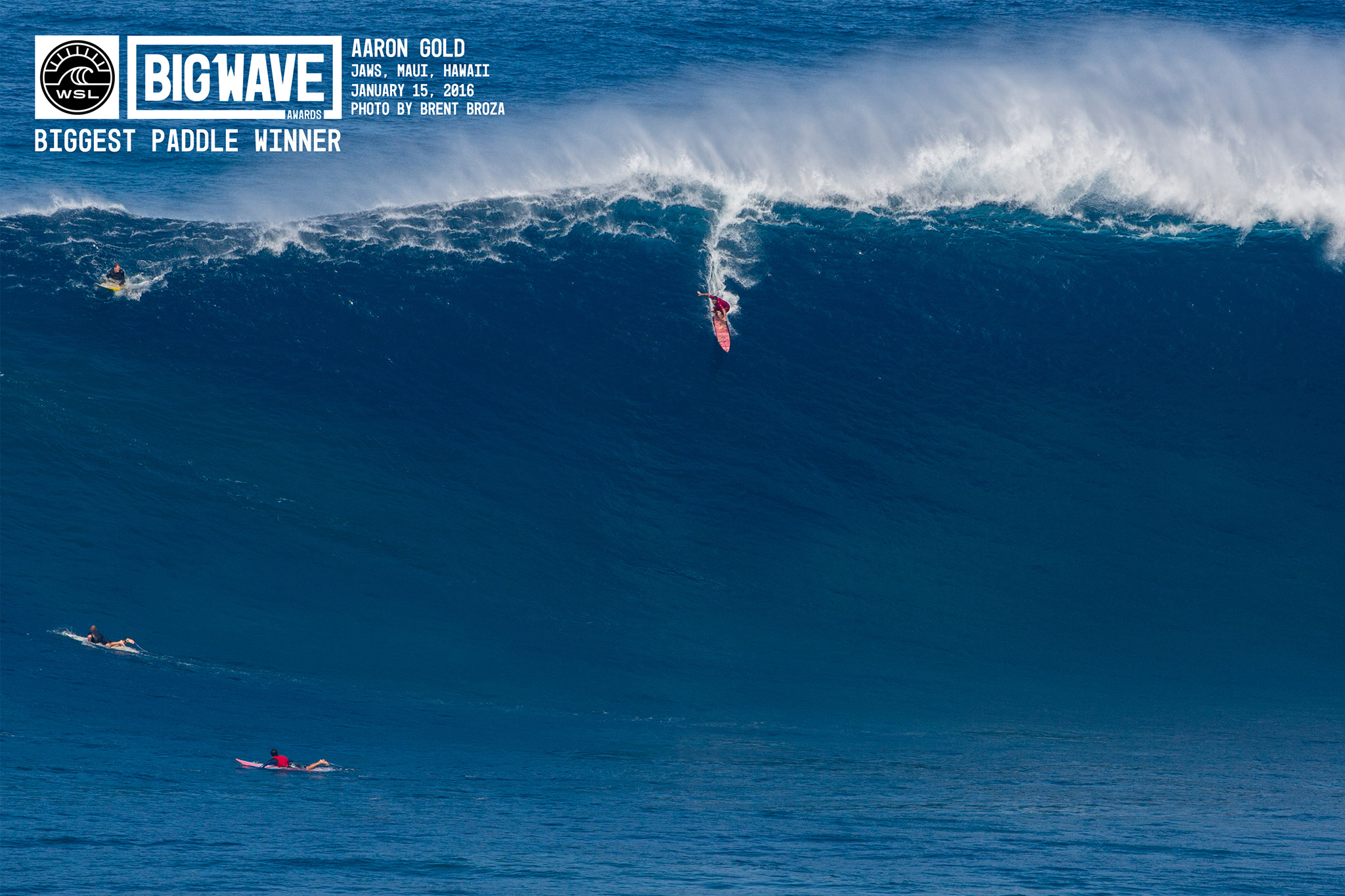 Aaron Gold won the biggest paddle wave award and also set a new world record at 63 ft. Photo: WSL 