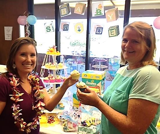The Maui County Office on Aging had a “Baby Shower” themed staff meeting to benefit local nonprofit Mālama Family Recovery Center. Image: Frances Duberstein and Monica Morakis. Photo credit: Frances Duberstein.