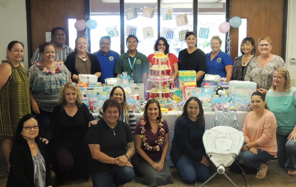 The Maui County Office on Aging had a “Baby Shower” themed staff meeting to benefit local nonprofit Mālama Family Recovery Center. Photo credit: Frances Duberstein.