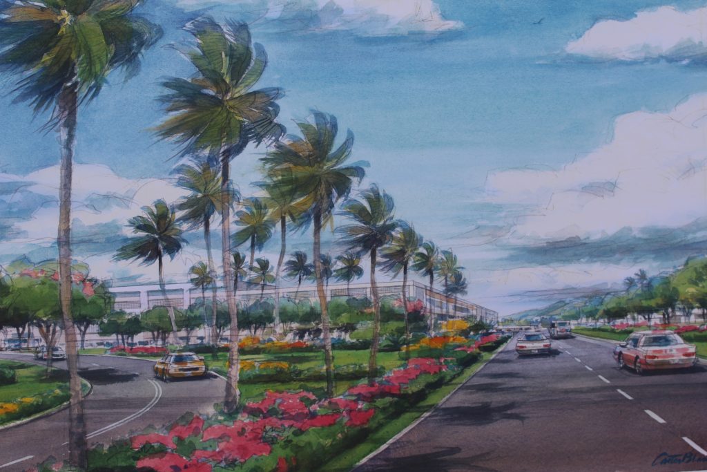 New Access Road looking toward terminal. Project renderings of the Kahului Airport Consolidated Rent-A-Car facility. Photo by Wendy Osher. (4.15.16)