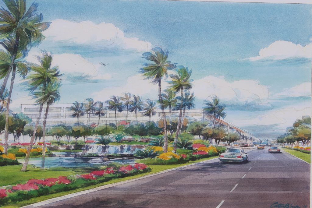 New Access Road Water Feature with the new rental car facility in the background. Project renderings of the Kahului Airport Consolidated Rent-A-Car facility. Photo by Wendy Osher. (4.15.16)