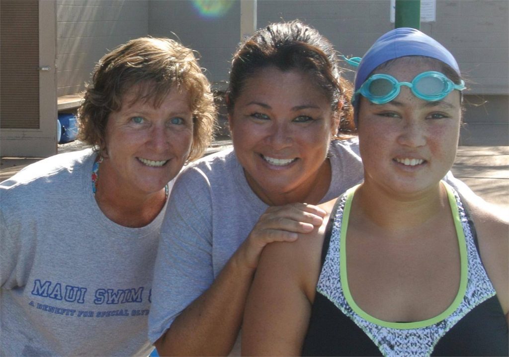 Marie White, Swim & Fin Volunteer Coach / Toni Rojas, Swim & Fin Volunteer Parent / Nikilani Rojas, Special Olympics Maui Athlete. Photo credit: Toni Rojas.