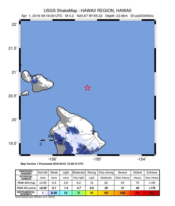 Hawaiʻi earthquake. 3.31.16. Image courtesy USGS.