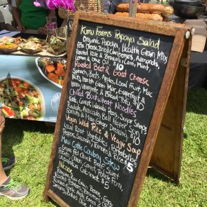 Menu from Fork & Salad's booth at Maui County Ag Fest. 
