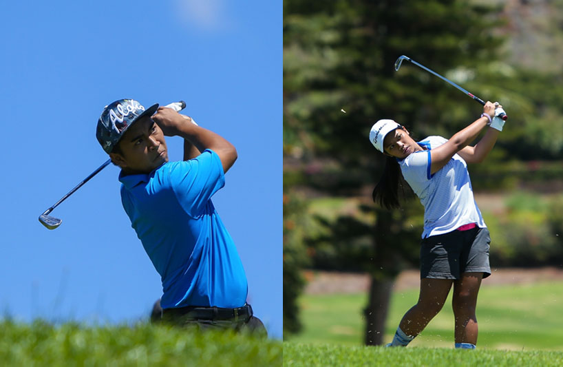 Jasmine Cabajar of Maui High (right) and Justin Arcano of Baldwin (left) are both in the lead in the 2016 Individual Golf Championships after the semi-final round at Kāʻanapali. Photo credit: Aric Becker.