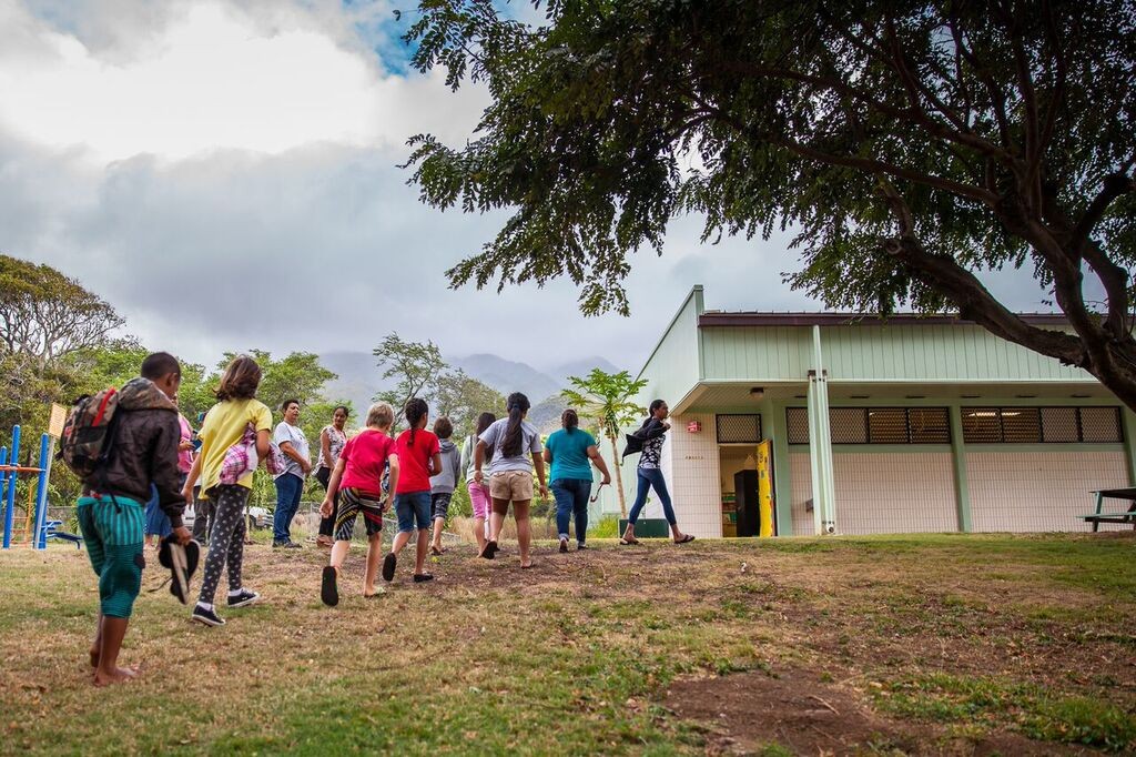 A celebration assembly was held Friday, April 8, at Kaunakakai Elementary to mark the completion of a hybrid solar air conditioning installation project. 33 units were installed in 18 classrooms. Photo credit: Hawaiʻi Department of Education.