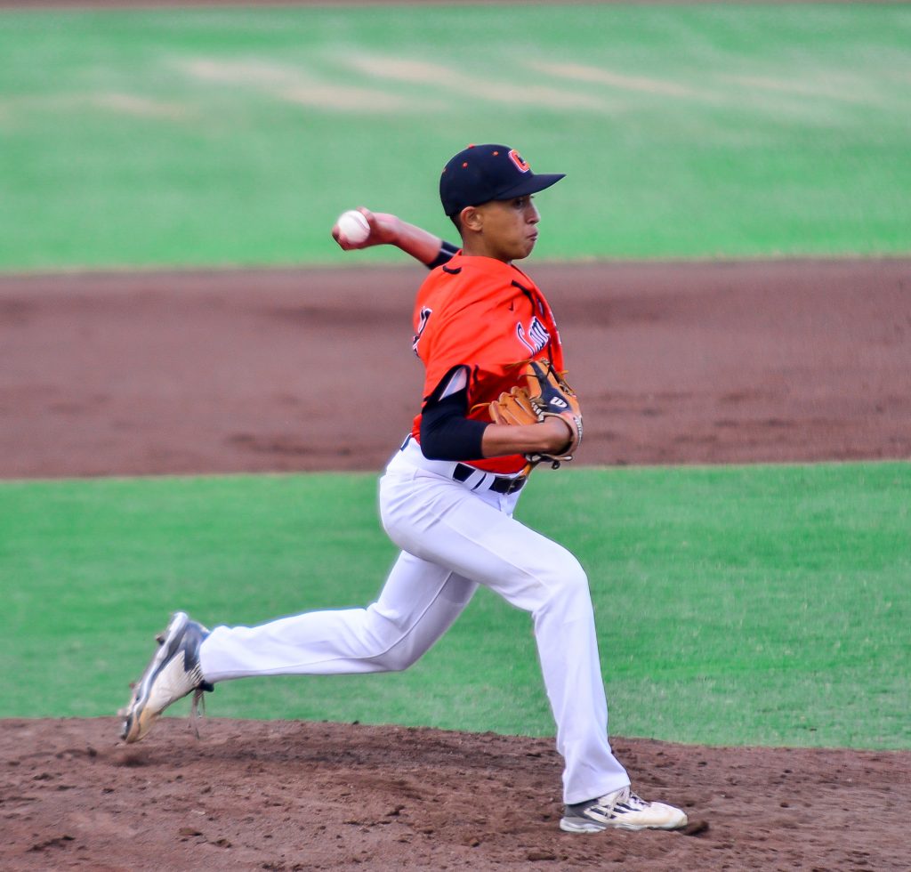 Campbell freshman Ayzek Silva pitched 2 1/3 scoreless innings of relief as the Sabersl cashed in on three Punahou errors for all its scoring in a 3-2 win Wednesday at Maehara Stadium. Photo by Rodney S. Yap.