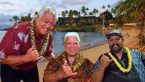 Masters of Hawaiian Music: George Kahumoku Jr., Richard Ho‘opi‘i and Kawika Kahiapo at Napili. MHM photo.