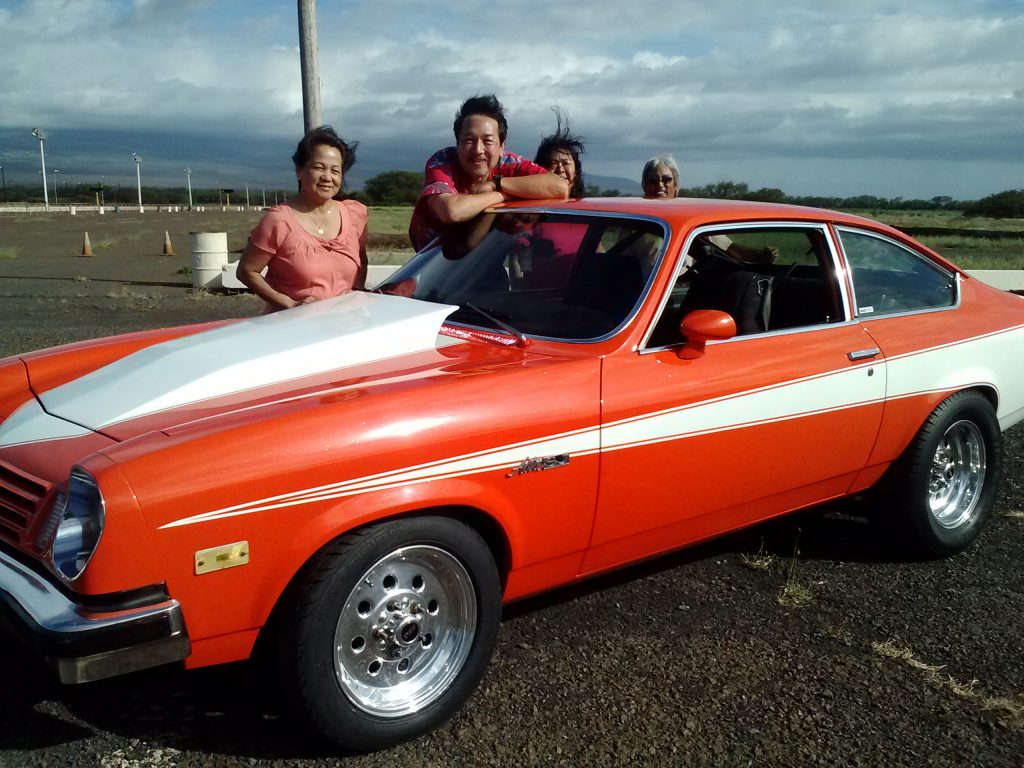  A vintage Thunderbird is admired by owner Dean Yamada (from right) of Maui Classic Cruisers, and friends Jackie Yamamoto, Mark Mizuno and Eloisa Mizuno. The public is invited to see and be photographed with such resplendent roadsters at the June 19 Keokea Father’s Day event with classic cars. 