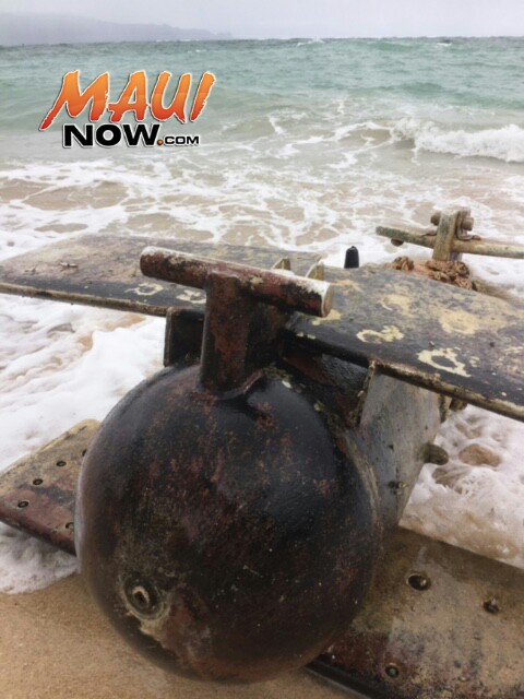 Possible Navy object washes ashore at Spreckelsville. 5.9.16. Photo credit: Eric Pung.