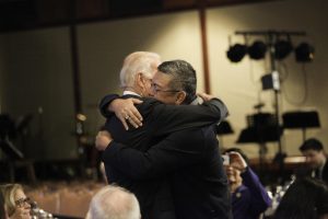 Vice President Joe Biden and Congressman Mark Takai share in an embrace following their exchange about Takai’s pancreas cancer and the Vice President’s late son, Beau. (File Photo courtesy of Phi Nguyen via office of US Rep. Mark Takai)