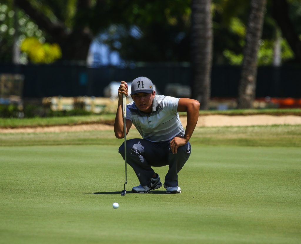 Alex Chiarella lines up his birdie putt on seventeen during the final round of the Kāanapali Classic Pro Pro held on the Royal Course. Kāanapali, Maui June 11, 2016. Photo credit: Aric Becker