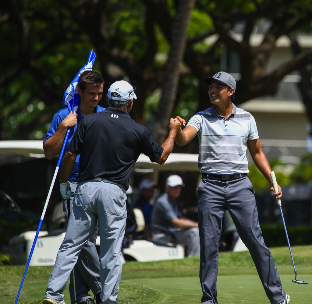 Alex Chiarella is congratulated on his birdie on seventeen during the final round of the Kāʻanapali Classic Pro Pro held on the Royal Course. Kaanapali, Maui June 11, 2016. Photo credit: Aric Becker