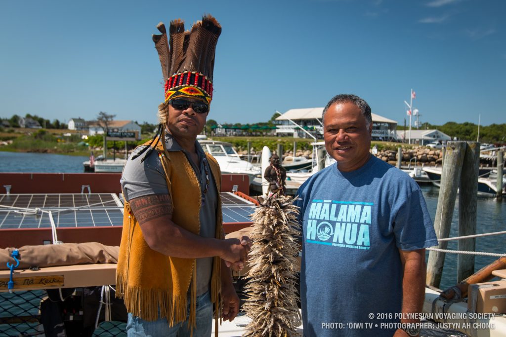 Hōkūleʻa's arrival at Block Island. (6.19.16) Photo credit: Polynesian Voyaging Society - ʻŌiwi TV - Photographer: Justyn Ah Chong