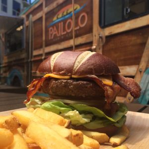 Pailolo's “Down Under Half-Pounder” with smoked bacon, Boars Head Vermont cheddar, Kula tomato, onion, Waipoli butter lettuce, pretzel bun and fries. Courtesy photo.
