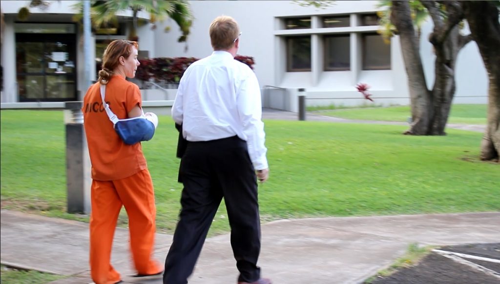 Alexandria Duval (Alison Dadow) (left) was released at the Maui Police Department Wailuku Station this evening. (6.8.16) She then proceeded to MCCC to pickup her belongings. Her attorney Todd Eddins is pictured here (right).