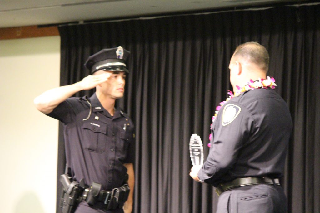 Korey Harris receiving the Sensei Shinichi Suzuki Arrest Defense Tactics Award. Maui Police Department 83rd Recruit Class and Emergency Services Dispatchers Graduation. Photo by Wendy Osher.