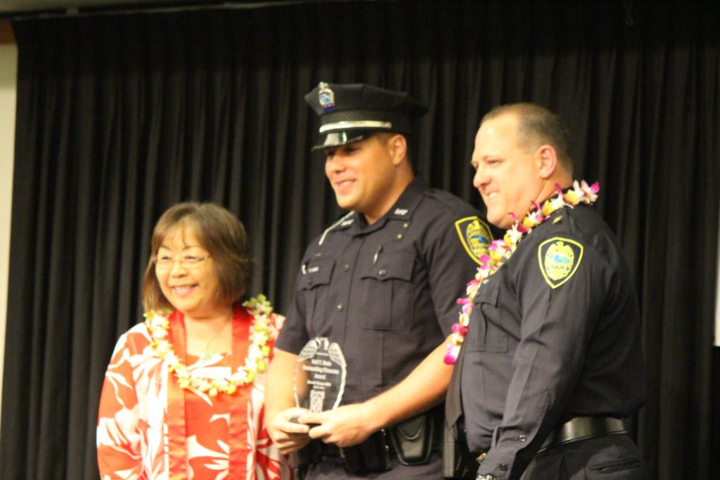Thomas Hifo receiving the Neil T Endo Firearms Award. Maui Police Department 83rd Recruit Class and Emergency Services Dispatchers Graduation. Photo by Wendy Osher.