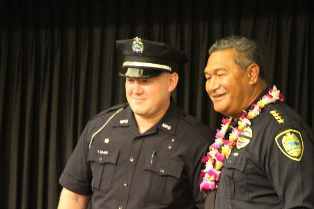 Timothy Zajac receiving the Scholastic Achievement Award. Maui Police Department 83rd Recruit Class and Emergency Services Dispatchers Graduation. Photo by Wendy Osher.