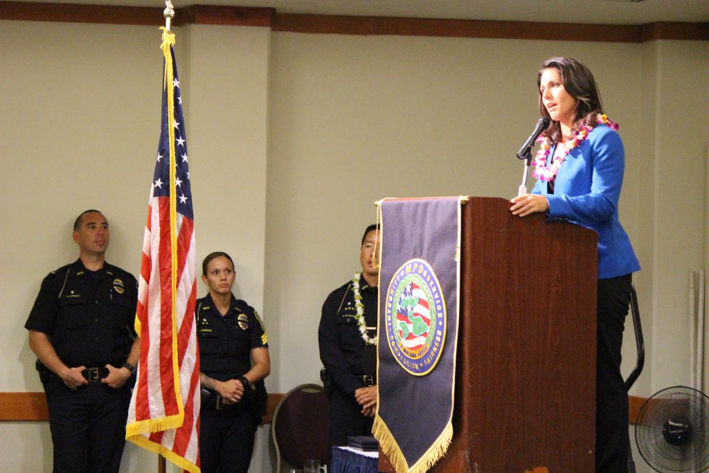 Rep. Tulsi Gabbard delivering the keynote address at the Maui Police Department 83rd Recruit Class and Emergency Services Dispatchers Graduation. Photo by Wendy Osher.