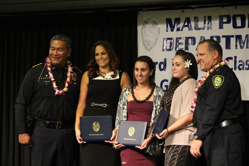 Stacey Keomaka, Johnel Lozano and Reane Gonzales-Tavares (emergency services dispatcher graduates) at the Maui Police Department 83rd Recruit Class and Emergency Services Dispatchers Graduation. Photo by Wendy Osher.