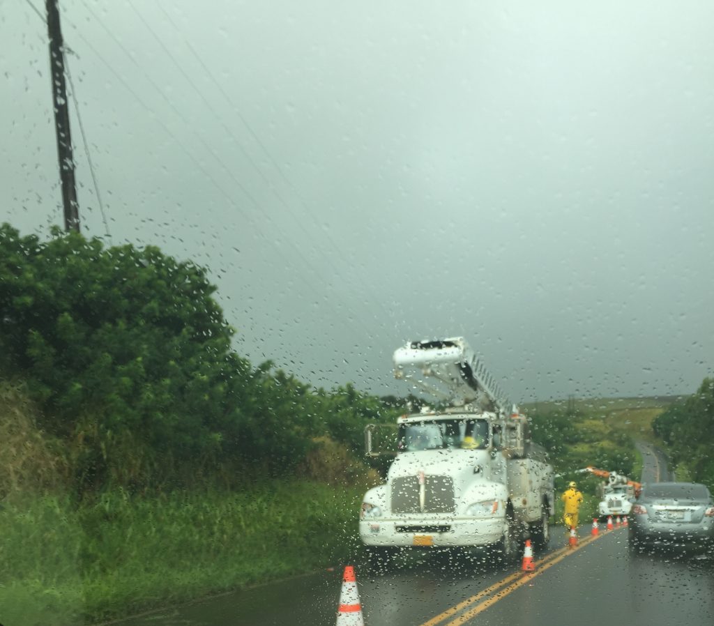 Hāliʻimaile Road Electric Line repairs. 5:27 p.m. 7.23.16. Photo Credit: Nicole Schenfeld.