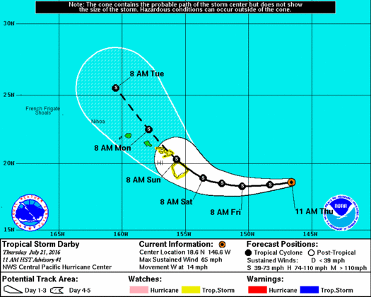 Tropical Storm Darby Track as of 11 a.m. 7.21.16. PC: Central Pacific Hurricane Center.