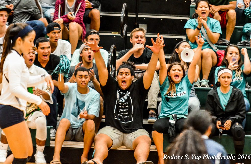 King Kekaulike students cheered on their girls volleyball team Tuesday against visiting Kamehameha Maui. Na Aliis won in four sets and will continue to celebrate homecoming spirit week through Friday night’s MIL football game at the school’s stadium against Lahainaluna. Photo by Rodney S. Yap. 