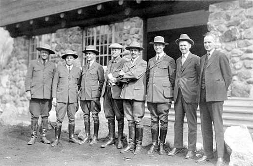NPS personnel at Yosemite, 1926. Stephen Mather is 4th from left. Horace Albright is 7th from left. James V Lloyd photo credit.