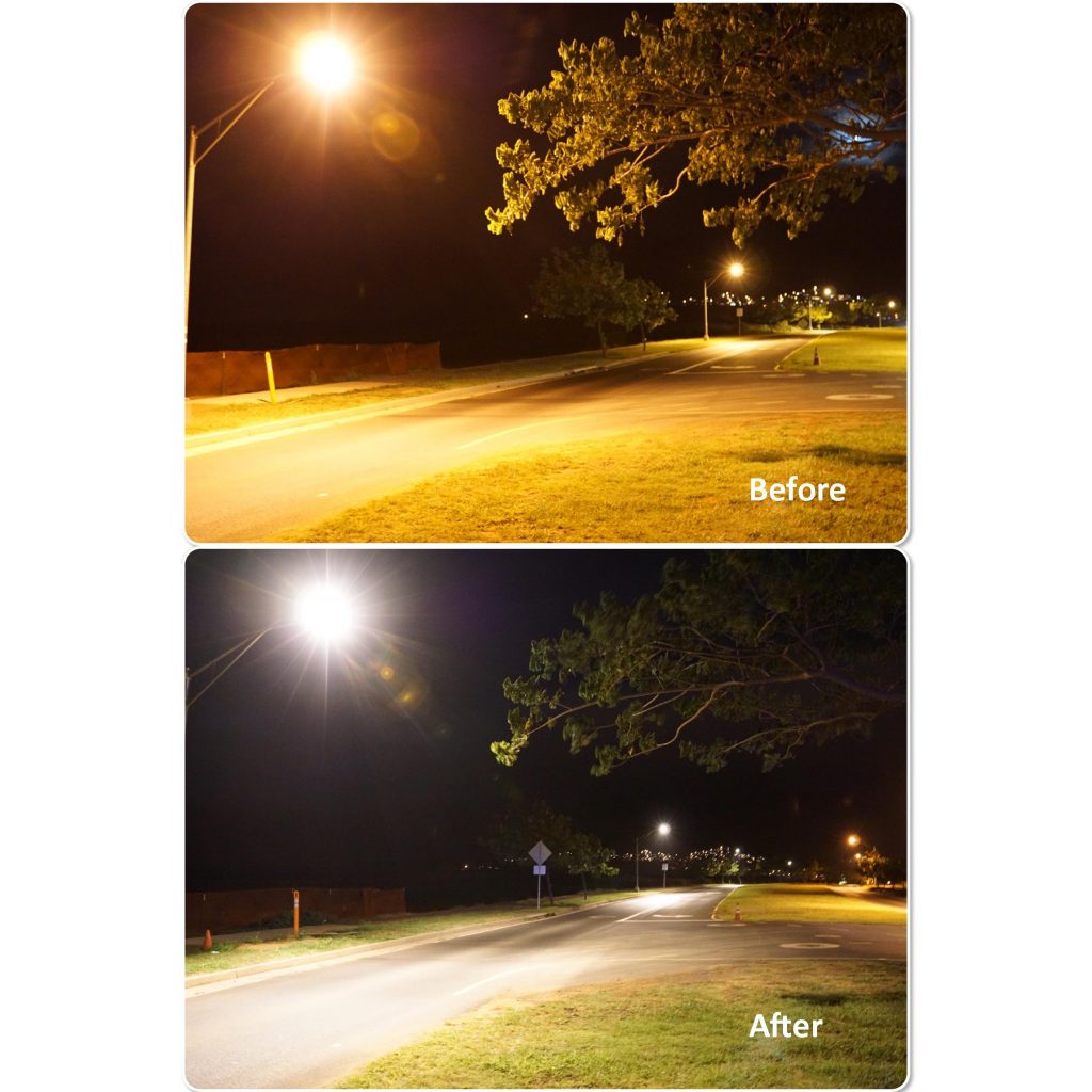 Maui Electric launched an energy saving street light demonstration project in June when 24 light-emitting diode (LED) street light fixtures with computer operating capabilities were installed along both sides of Maui Lani Parkway. Top photo shows part of Maui Lani Parkway before the LED street lights were installed. Bottom photo was taken after the installation. As part of the demonstration, several different types of LED lights were installed. Data collected will evaluate light characteristics, such as color and brightness, and dimming capabilities that could result in improved energy efficiency.